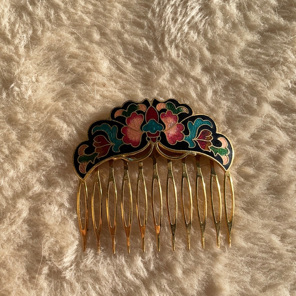 Vintage Cloisonne Hair Comb - Black Butterfly Enamel Hair Slide